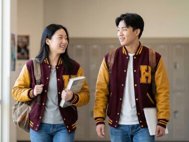 students wearing varsity-style jackets walking in a bright school hallway