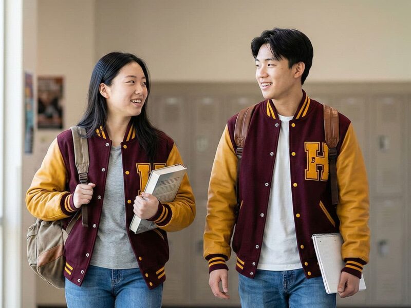 students wearing varsity-style jackets walking in a bright school hallway