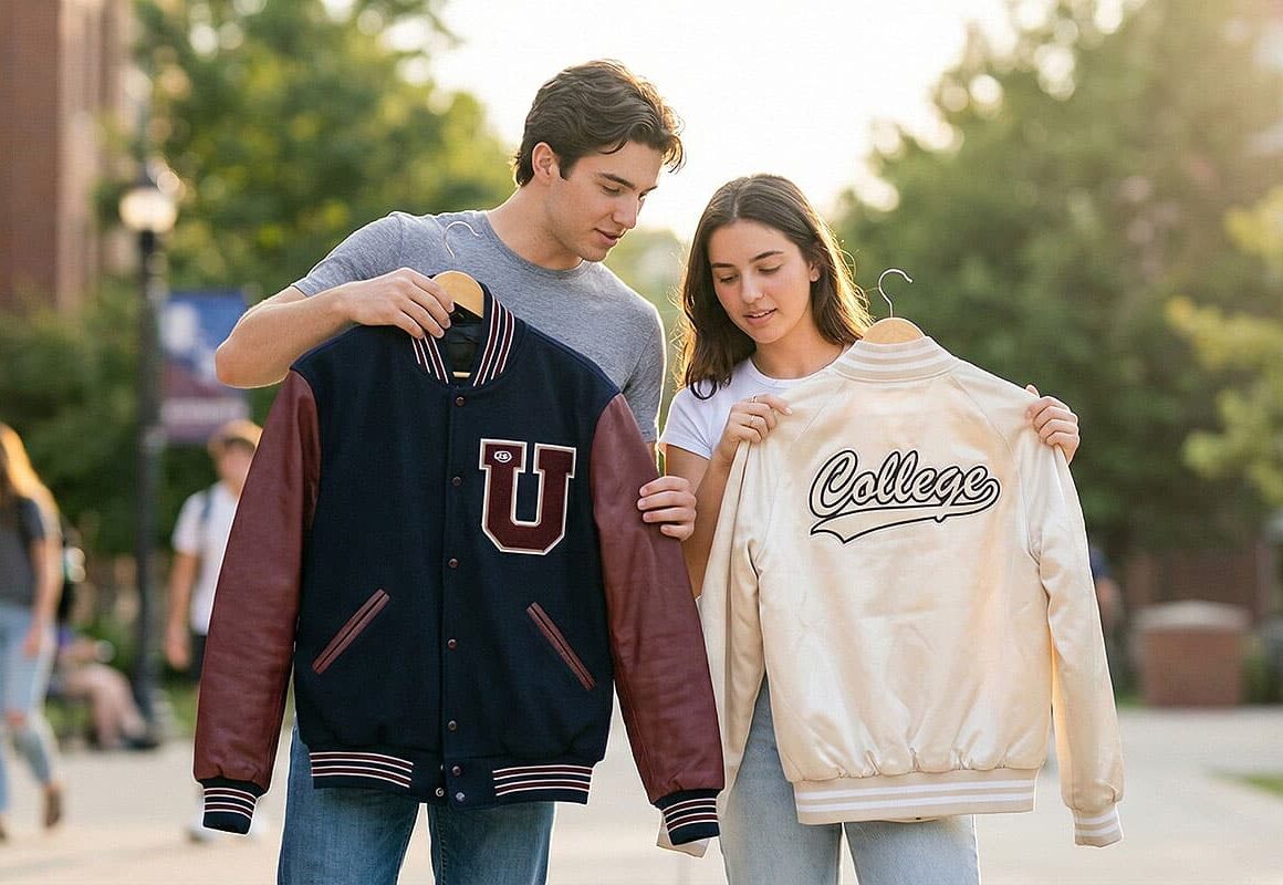 college students comparing different varsity jacket styles on campus