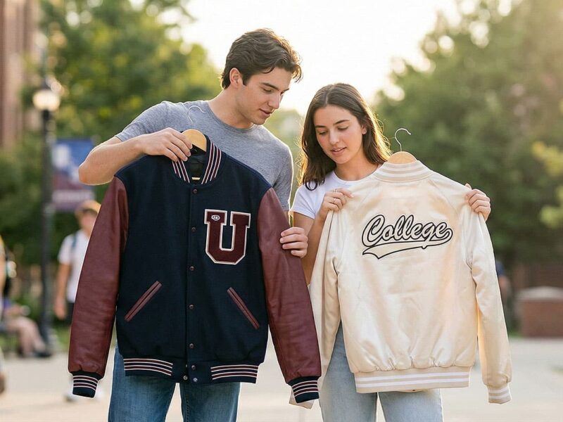 college students comparing different varsity jacket styles on campus