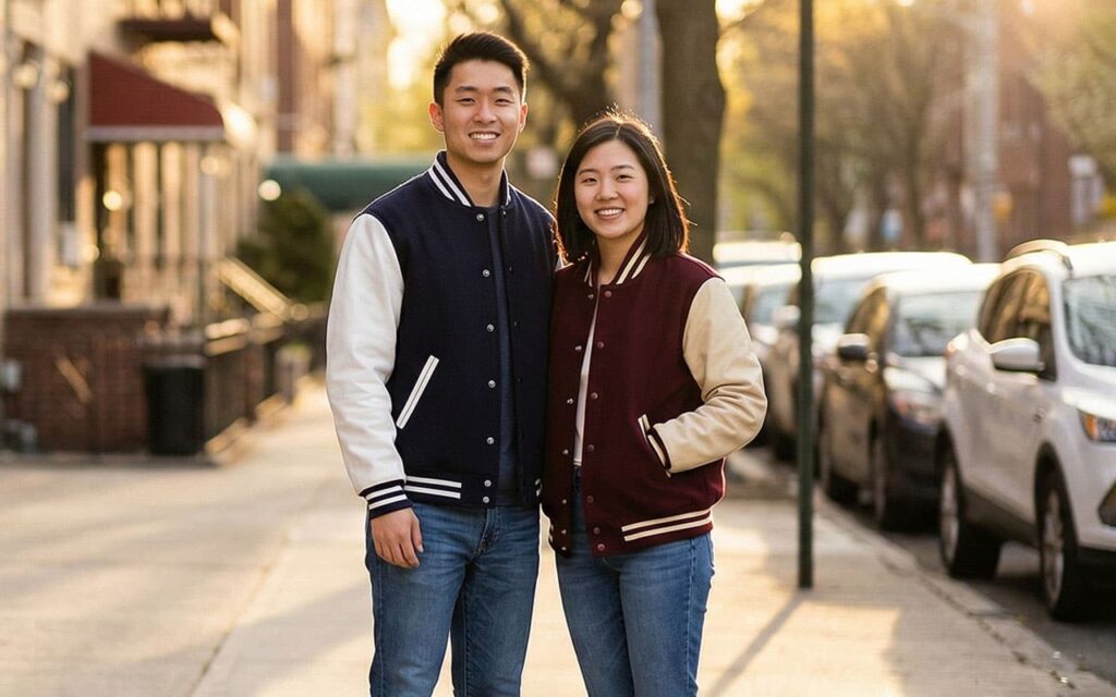 weekend street style outfits with varsity-style jackets and sneakers