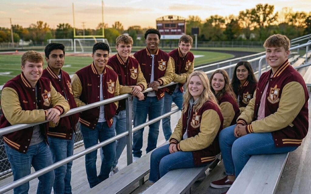 Team sitting on U.S. stadium bleachers wearing matching varsity jackets
