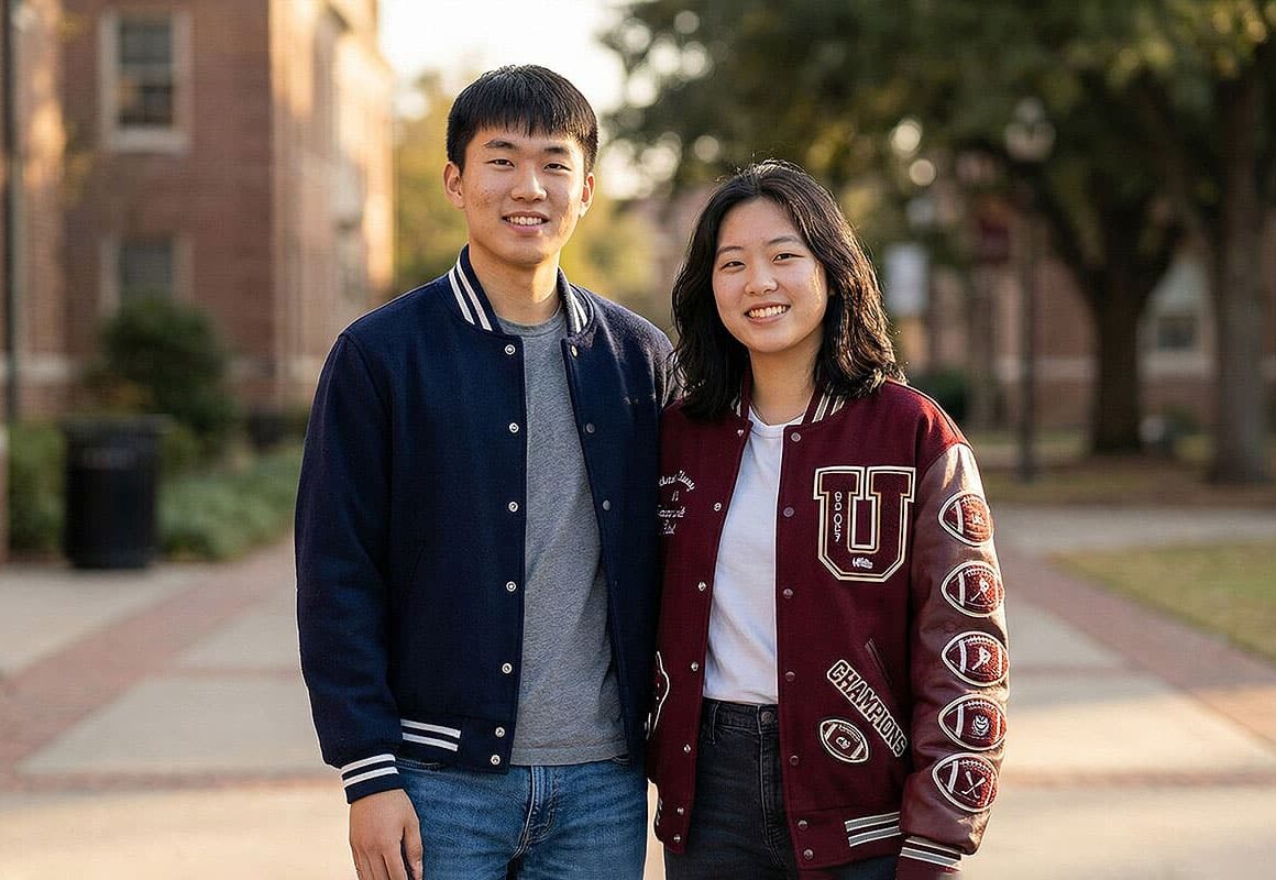 student comparison of varsity and letter-style jackets on campus