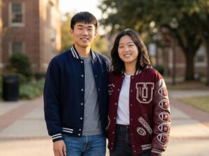 student comparison of varsity and letter-style jackets on campus