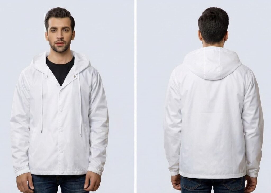front and back view of white hooded coach jacket