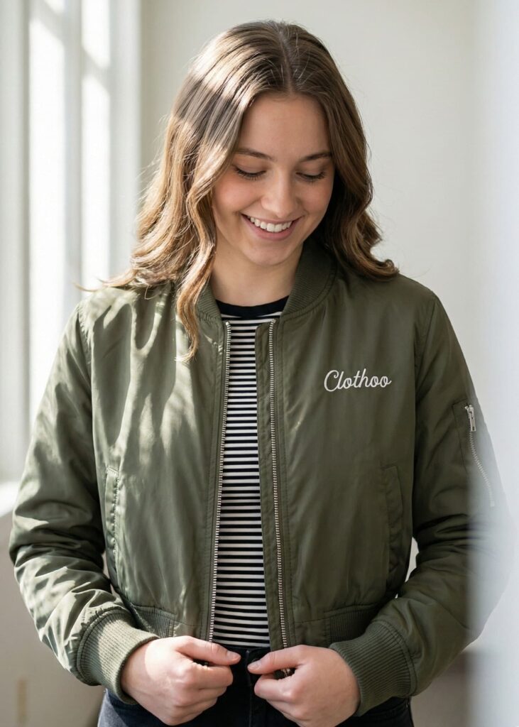 woman in an olive Clothoo bomber jacket and striped T-shirt standing in soft natural light