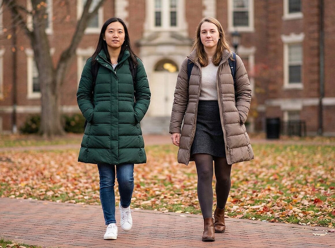 Students wearing A-line puffer coats walking across campus