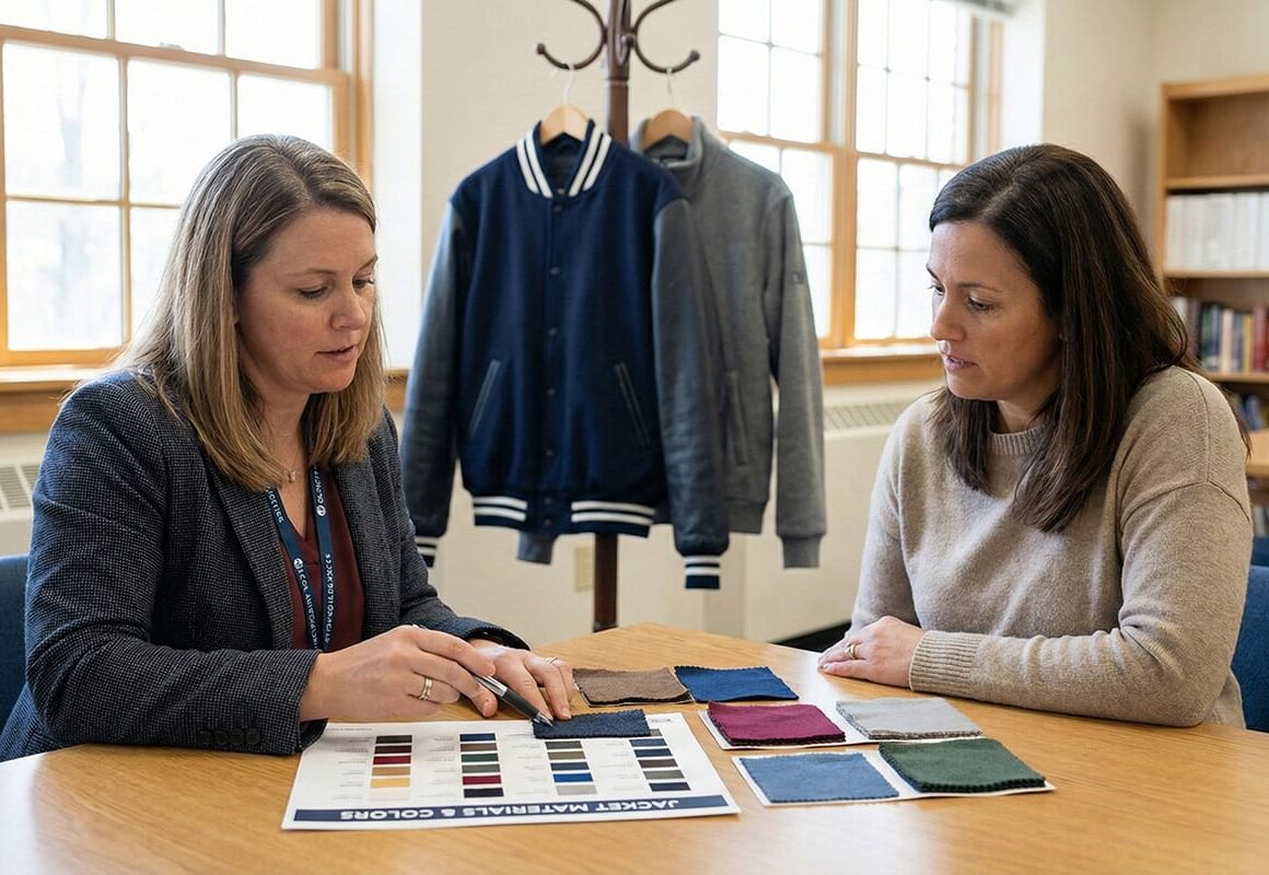 School admin and parent comparing wool vs fleece varsity jacket materials and colors
