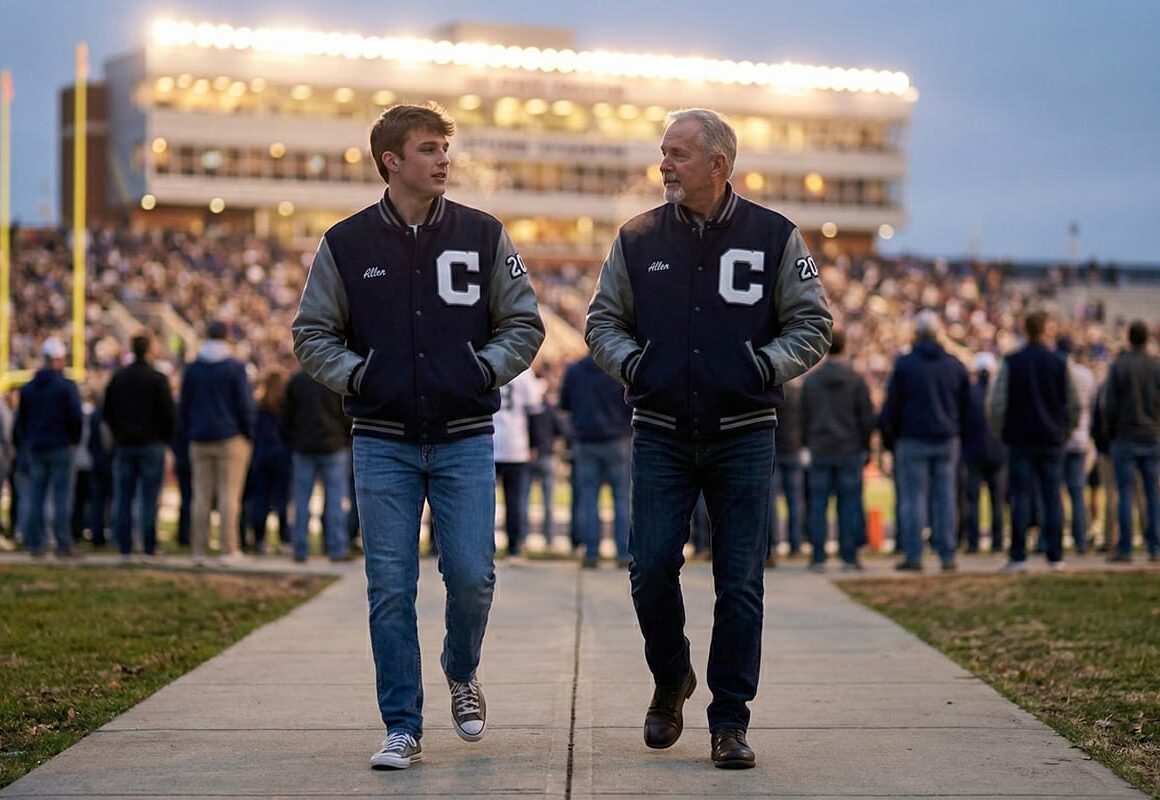 Student and alum walking toward a stadium at night in matching varsity jackets and casual outfits.