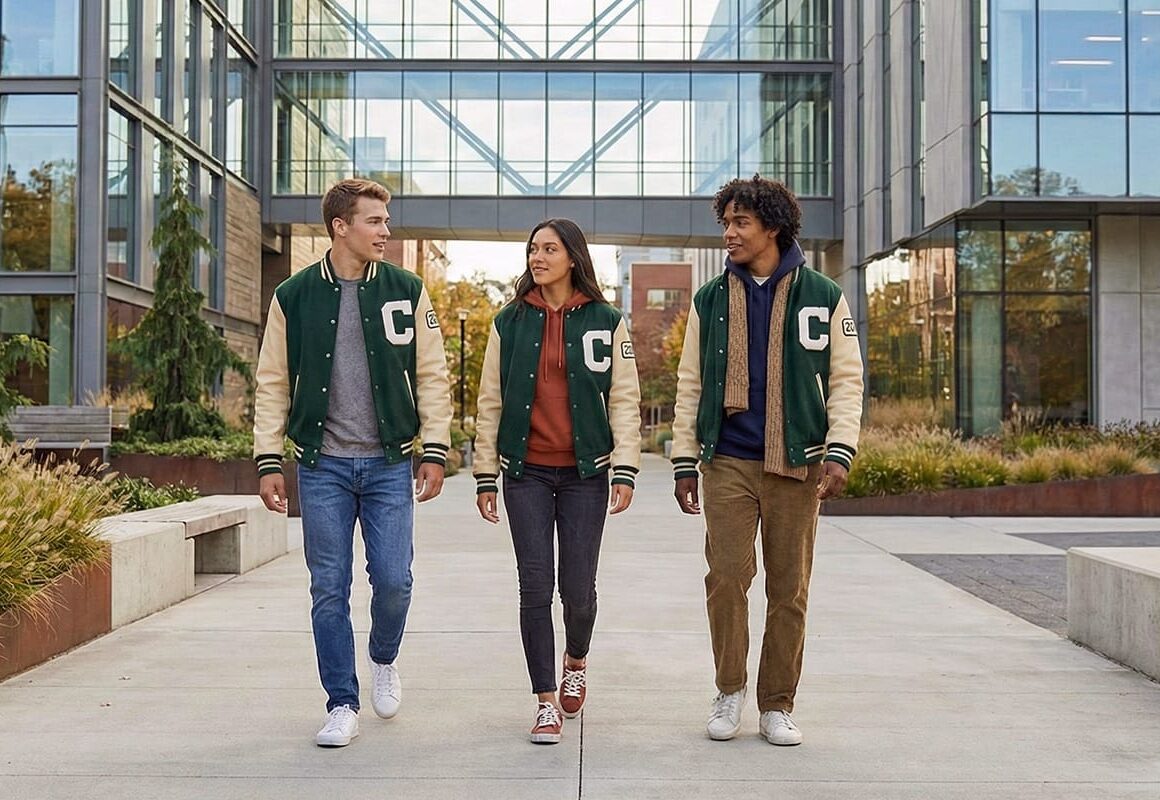 Students on a campus path wearing the same varsity jacket with different layers for fall, winter, and spring.