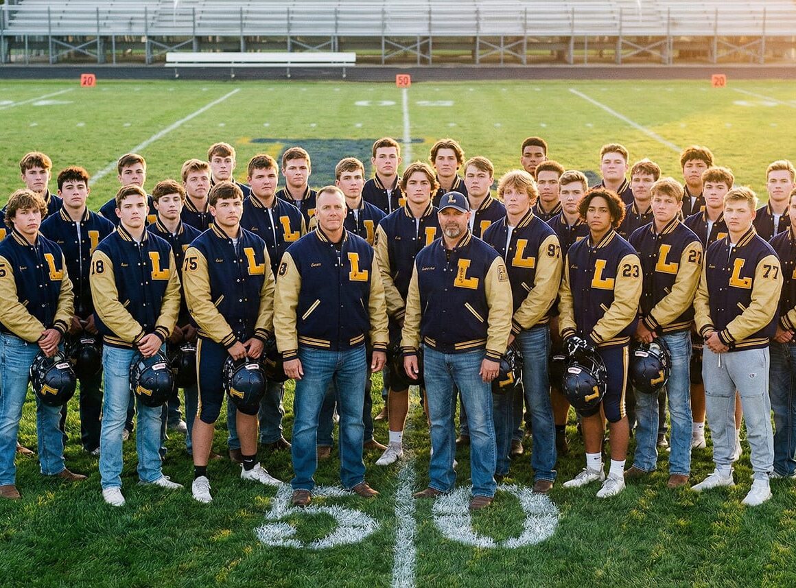 High school football team wearing matching varsity jackets on field