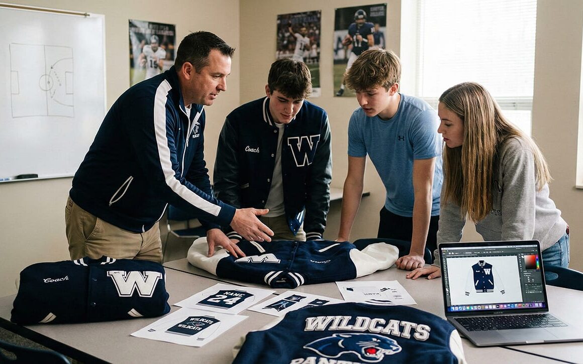 Coach and students planning custom jacket fundraiser around a table.
