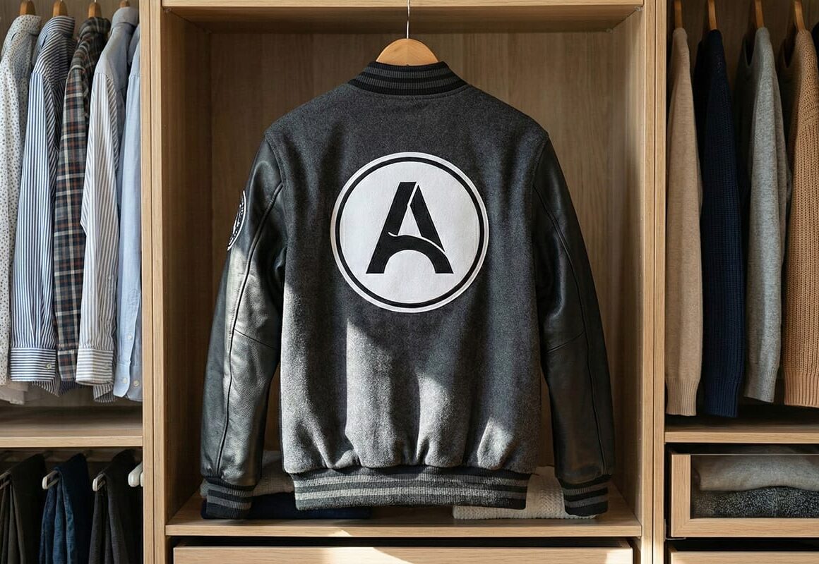 custom school and company jacket hanging in the wardrobe