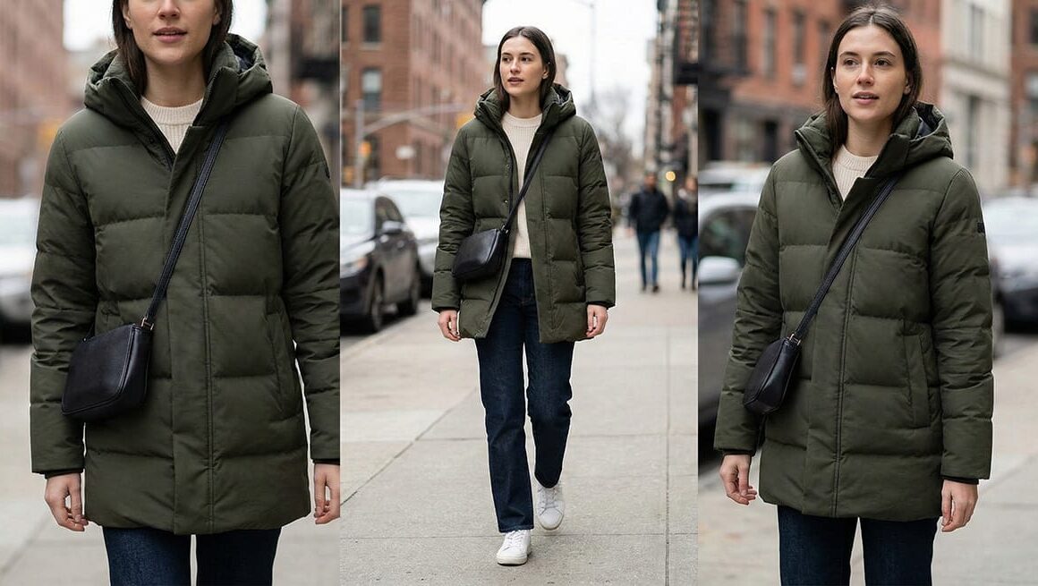Fashion lover wearing a puffer jacket walking on a winter city street