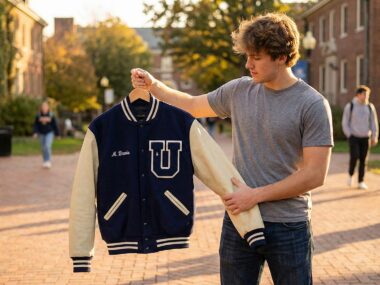 Student holding a single custom varsity jacket on campus