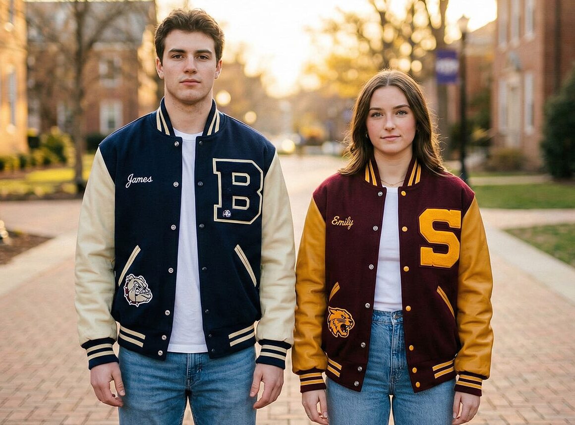 Students on campus showing front of varsity jackets with letters and names