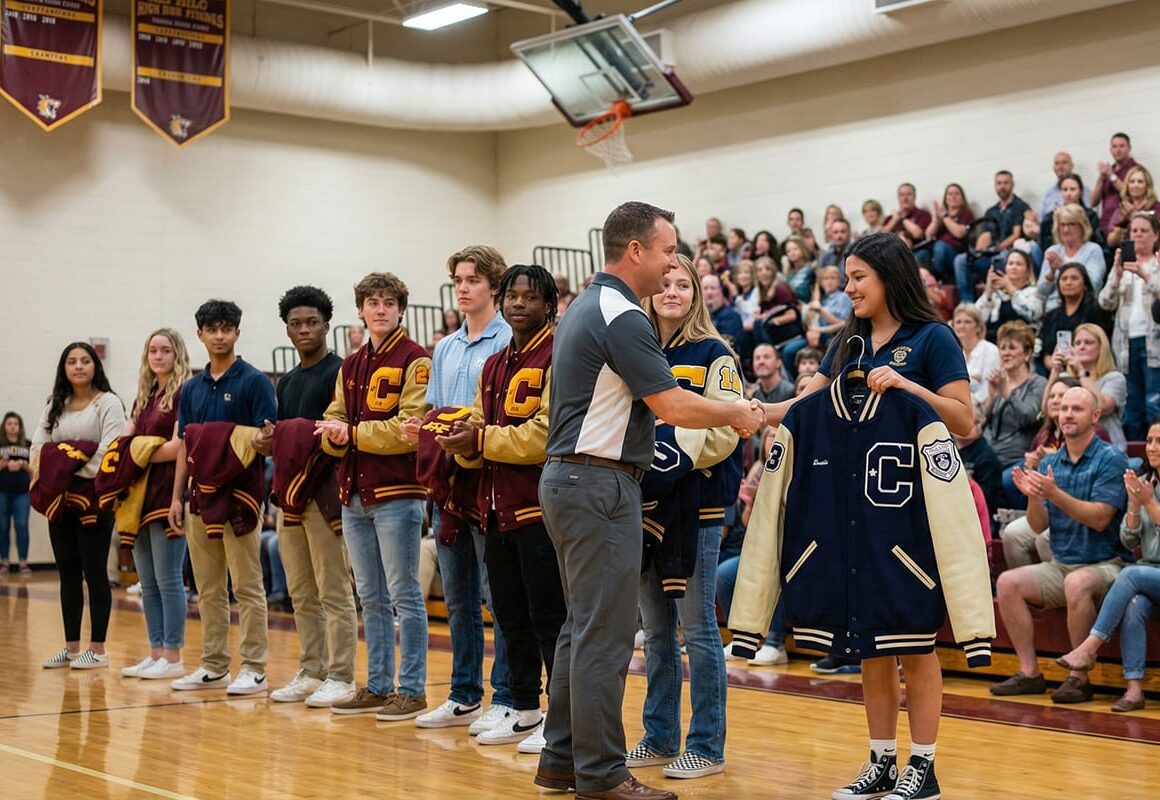 students receiving varsity jackets from coaches during a school awards assembly in a gym