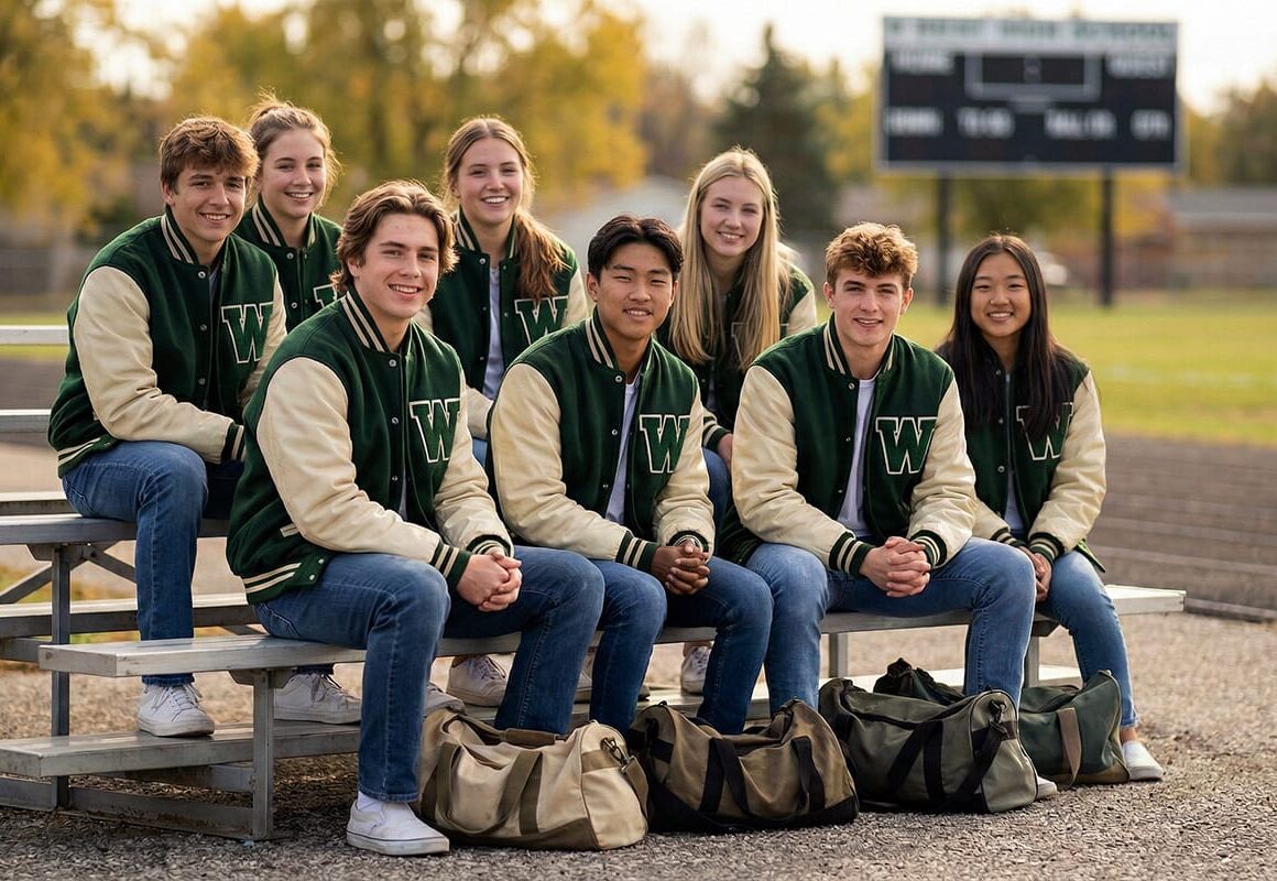 Small high school team in matching custom jackets sitting on bleachers, showing how a tiny roster can still look like a real team.