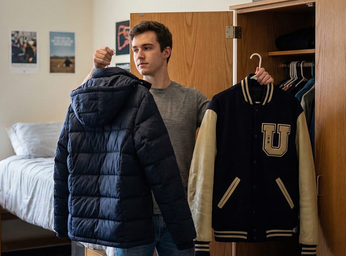 Student choosing between a puffer jacket and a varsity jacket