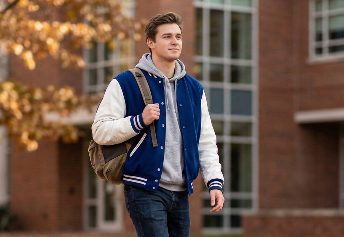 A student wearing blue and white wool / leather varsity jacket in campus