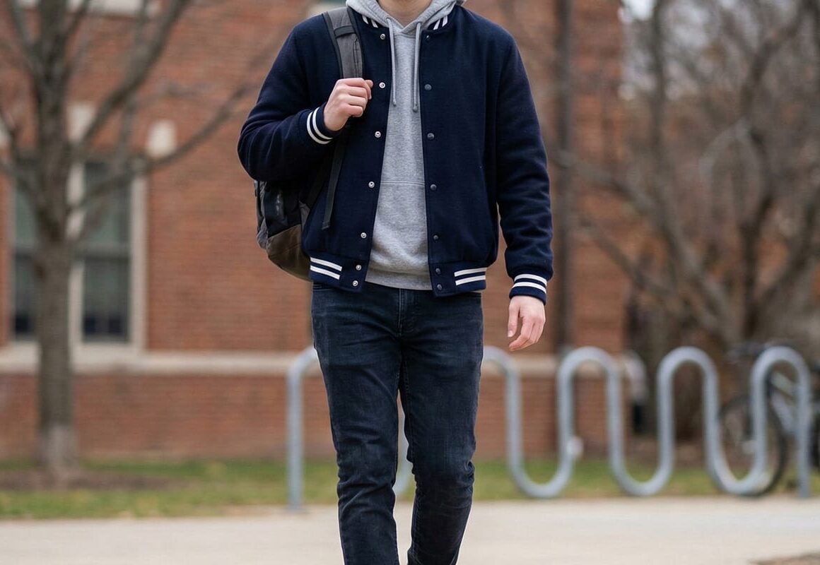 studying wearing a blank wool varsity jacket