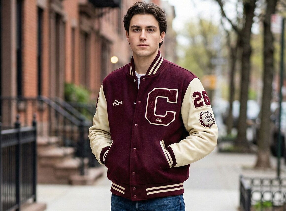 A student wearing custom varsity jacket outside the college with custom patches.