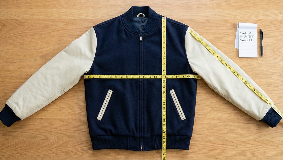Varsity jacket measurement guide with tape showing chest, length, and sleeve points