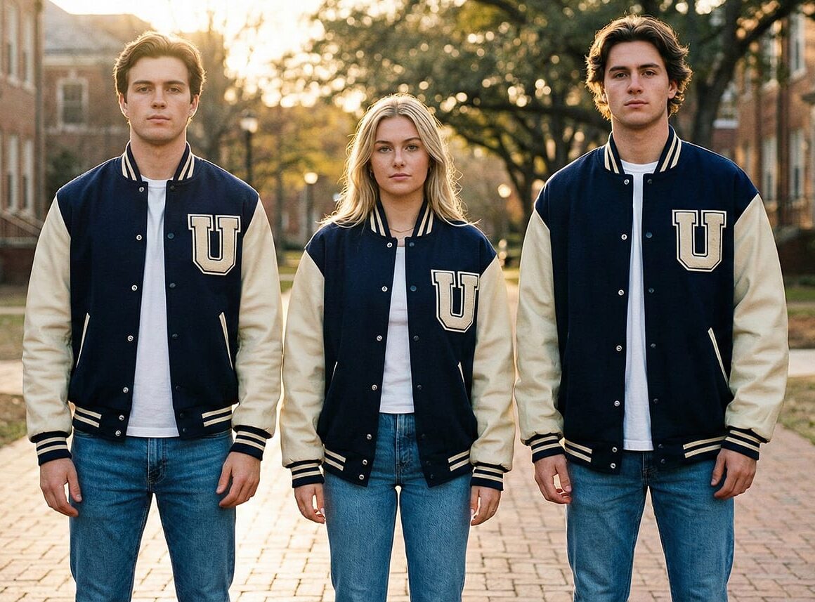 Three students showing regular, relaxed, and oversized varsity jacket fits