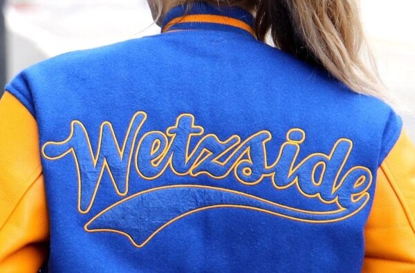 Wetzels Pretzels Blue Gold Varsity Jacket With Wetzside Script Back Design