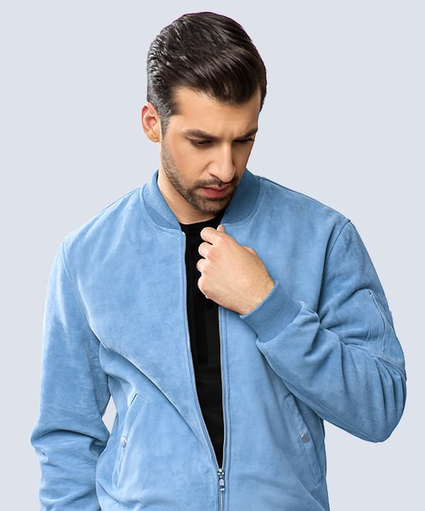Light blue suede bomber jacket