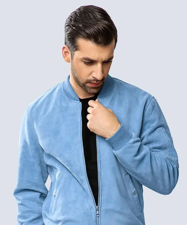 Light blue suede bomber jacket