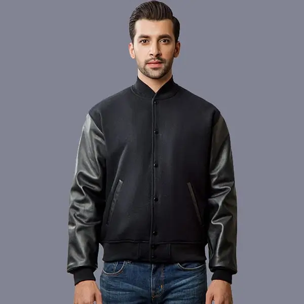 Black wool and leather varsity jacket