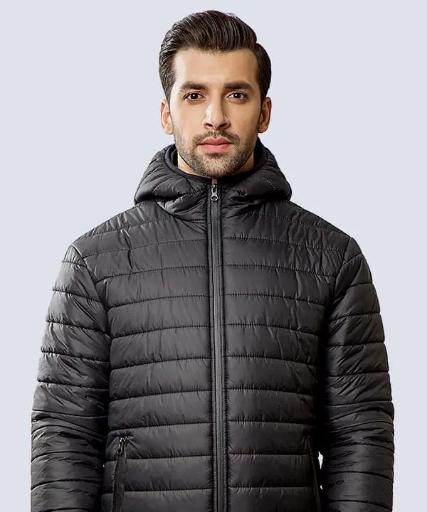 Black hooded puffer jacket
