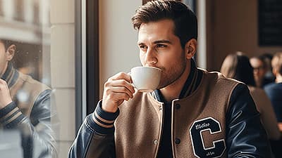 Men styling an off-white varsity jacket made by Clothoo