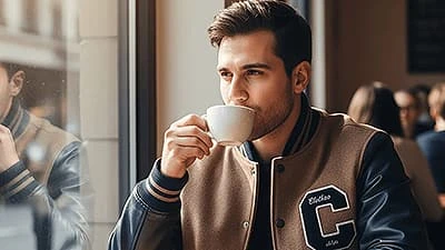 Men styling an off-white varsity jacket made by Clothoo