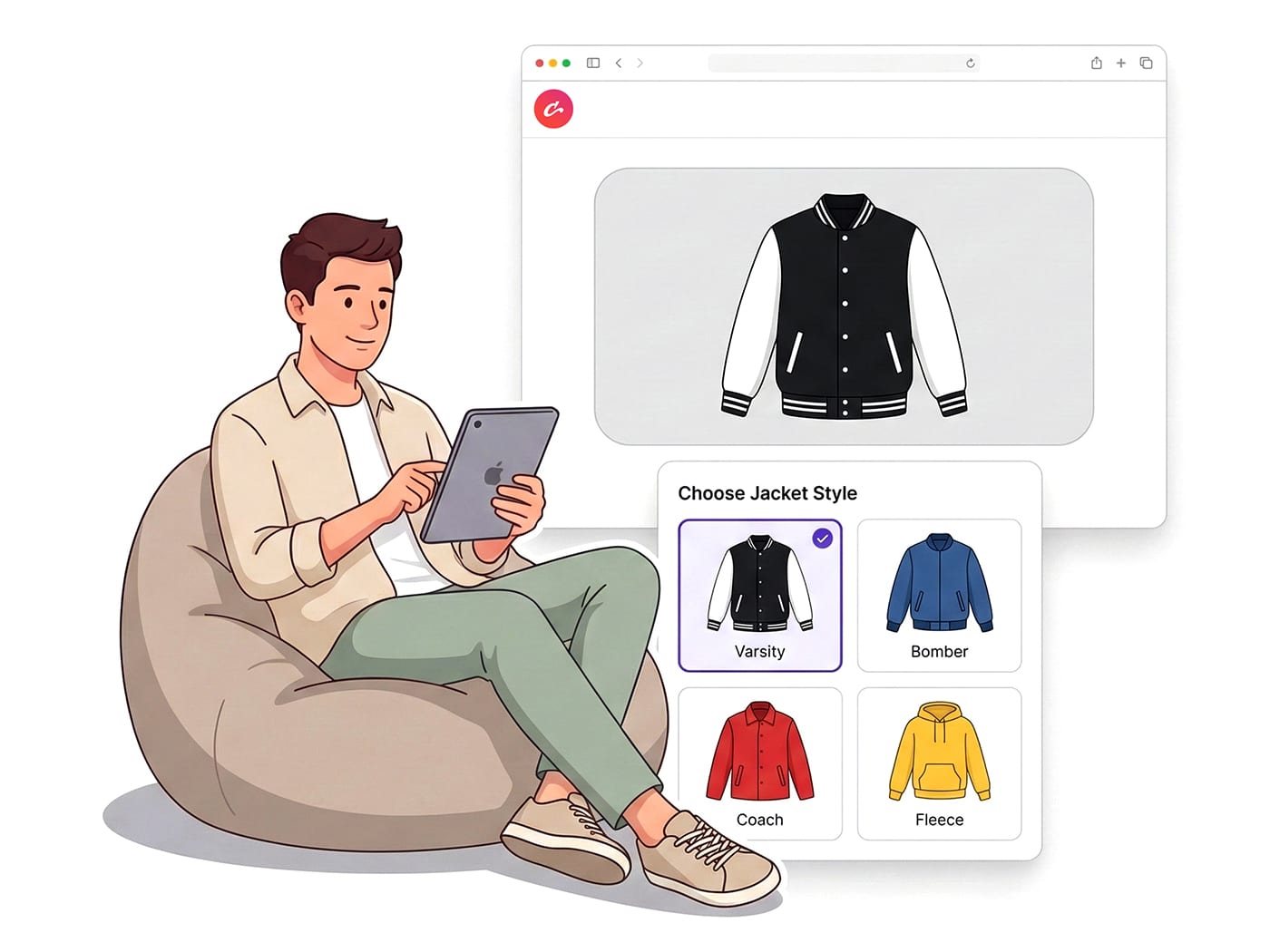 Choose a varsity jacket, bomber jacket, coach jacket, or fleece hoodie for your custom Clothoo order