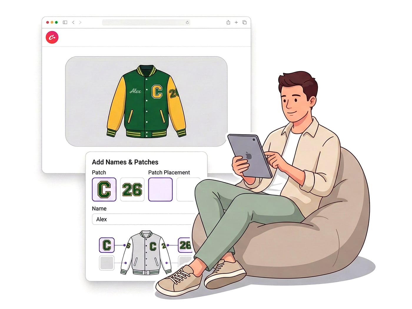 Add chenille patches, embroidered patches, felt patches, names, numbers, and logos to a custom jacket