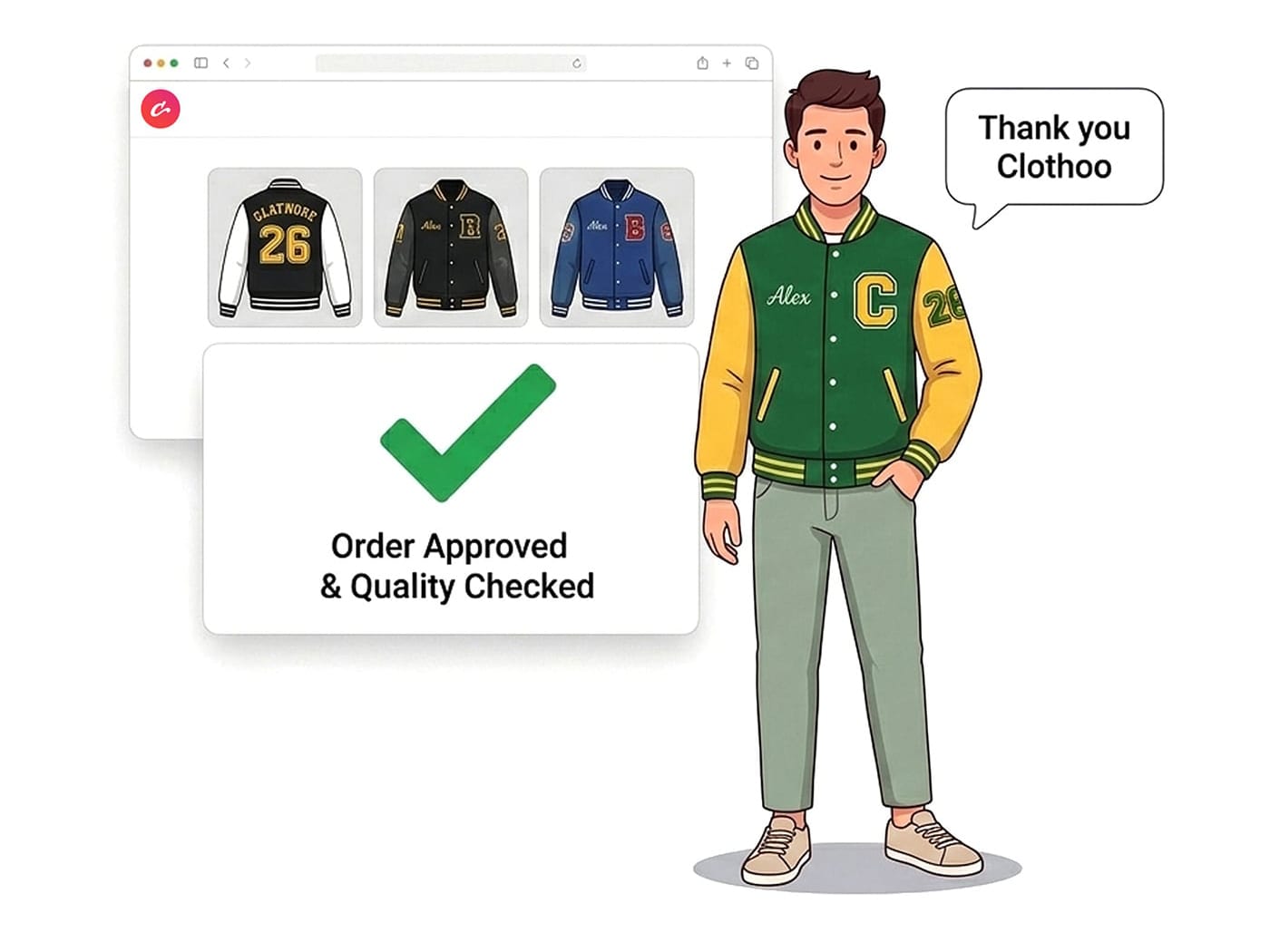 Review finished custom jacket photos and approve delivery with Clothoo