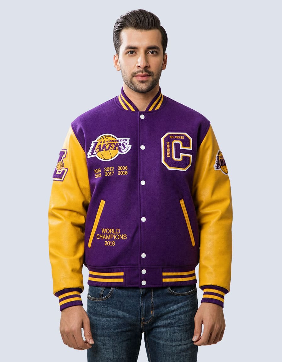 Individual wearing custom maroon and white varsity jacket with chenille letter patch by Clothoo