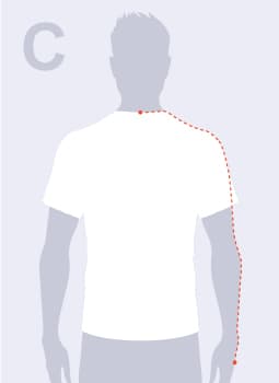 Diagram showing how to measure sleeve length from the back of the neck to the wrist.