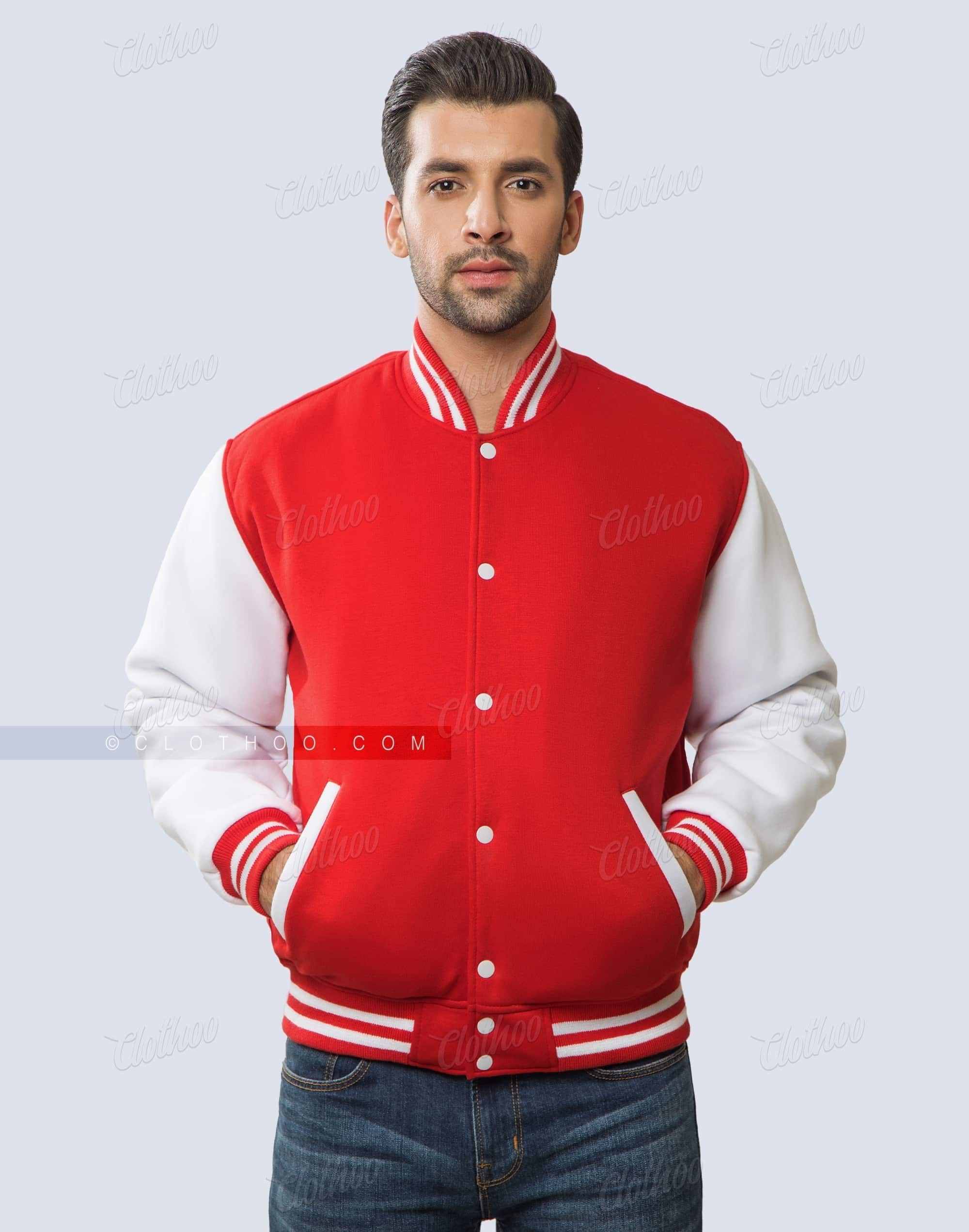 Red and White Fleece Varsity Jacket | Clothoo