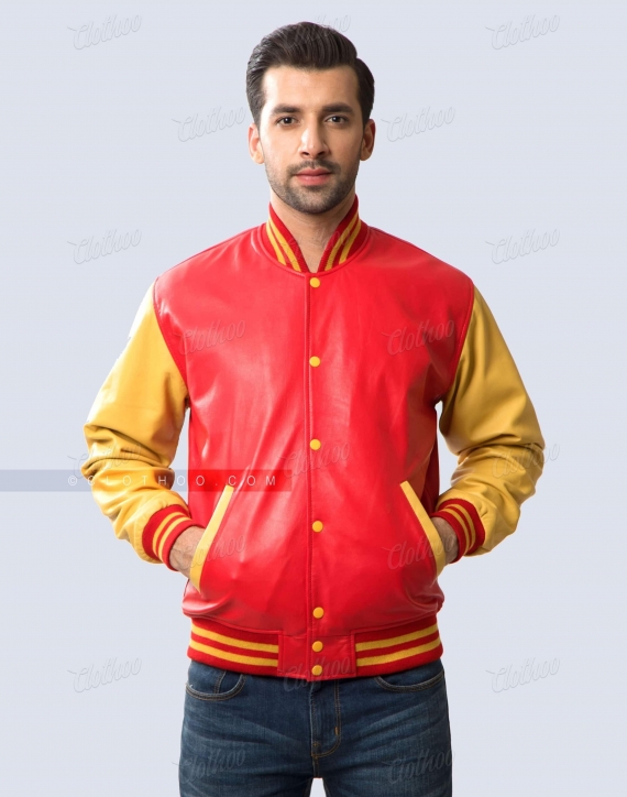 Red Body and Athletic Gold Sleeves Varsity Jacket