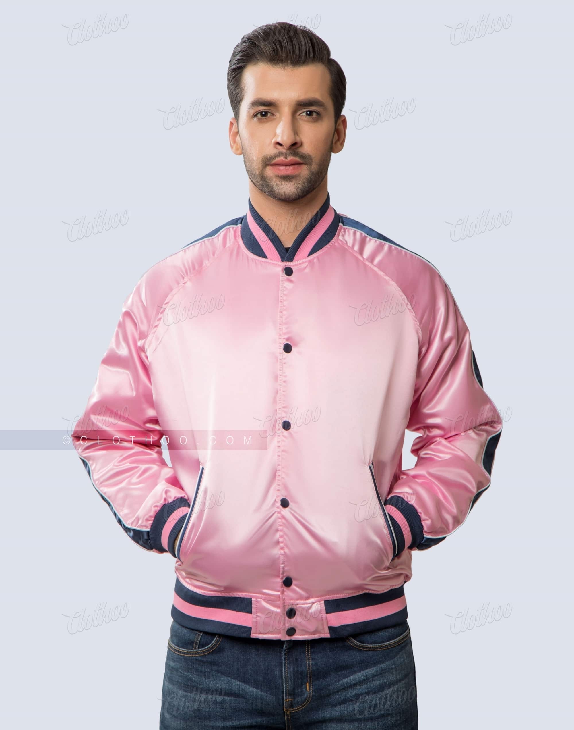 Baby Pink Satin Bomber Jacket with Striped Sleeves | Clothoo