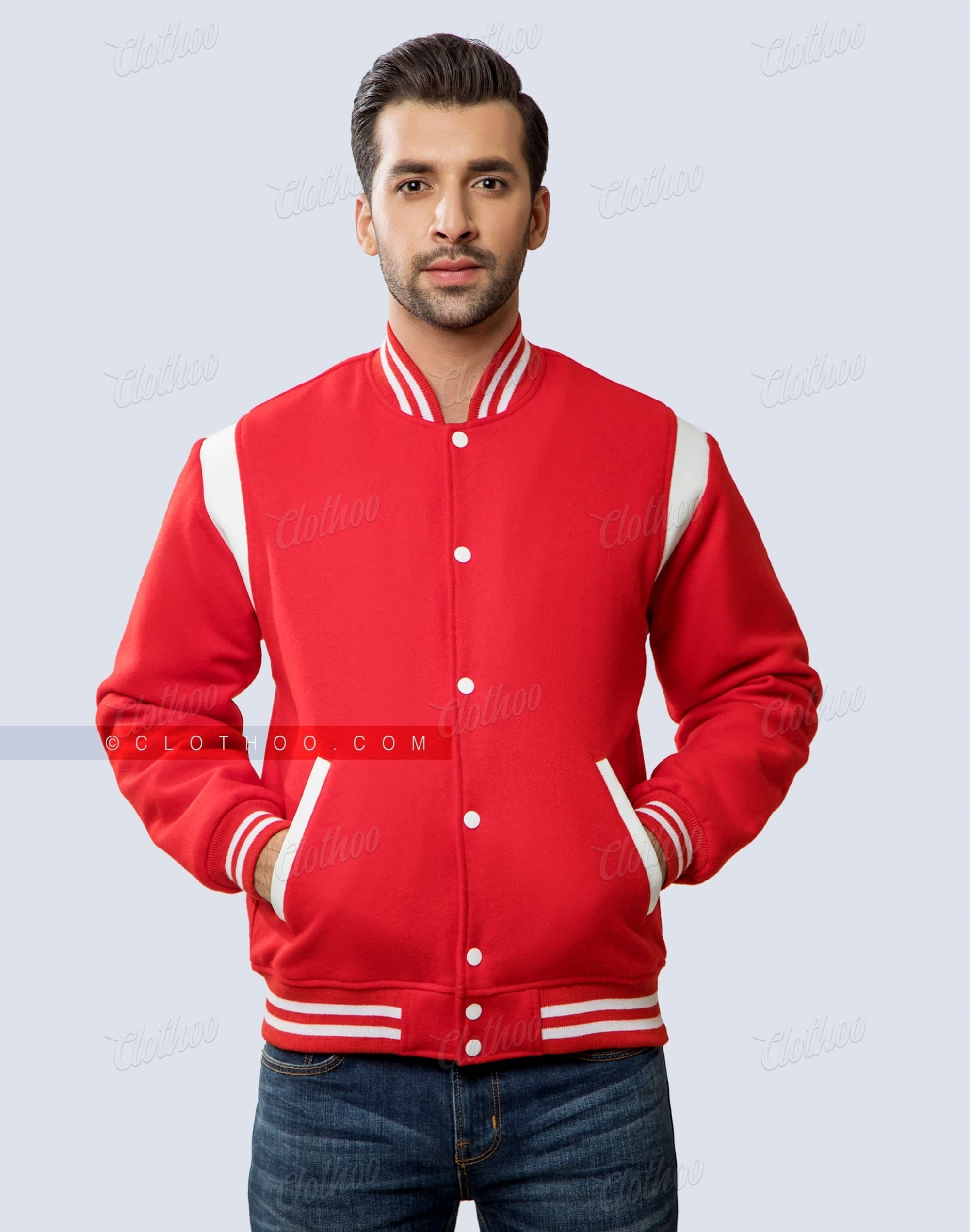 Red Letterman Jacket with White Shoulder Insert | Clothoo