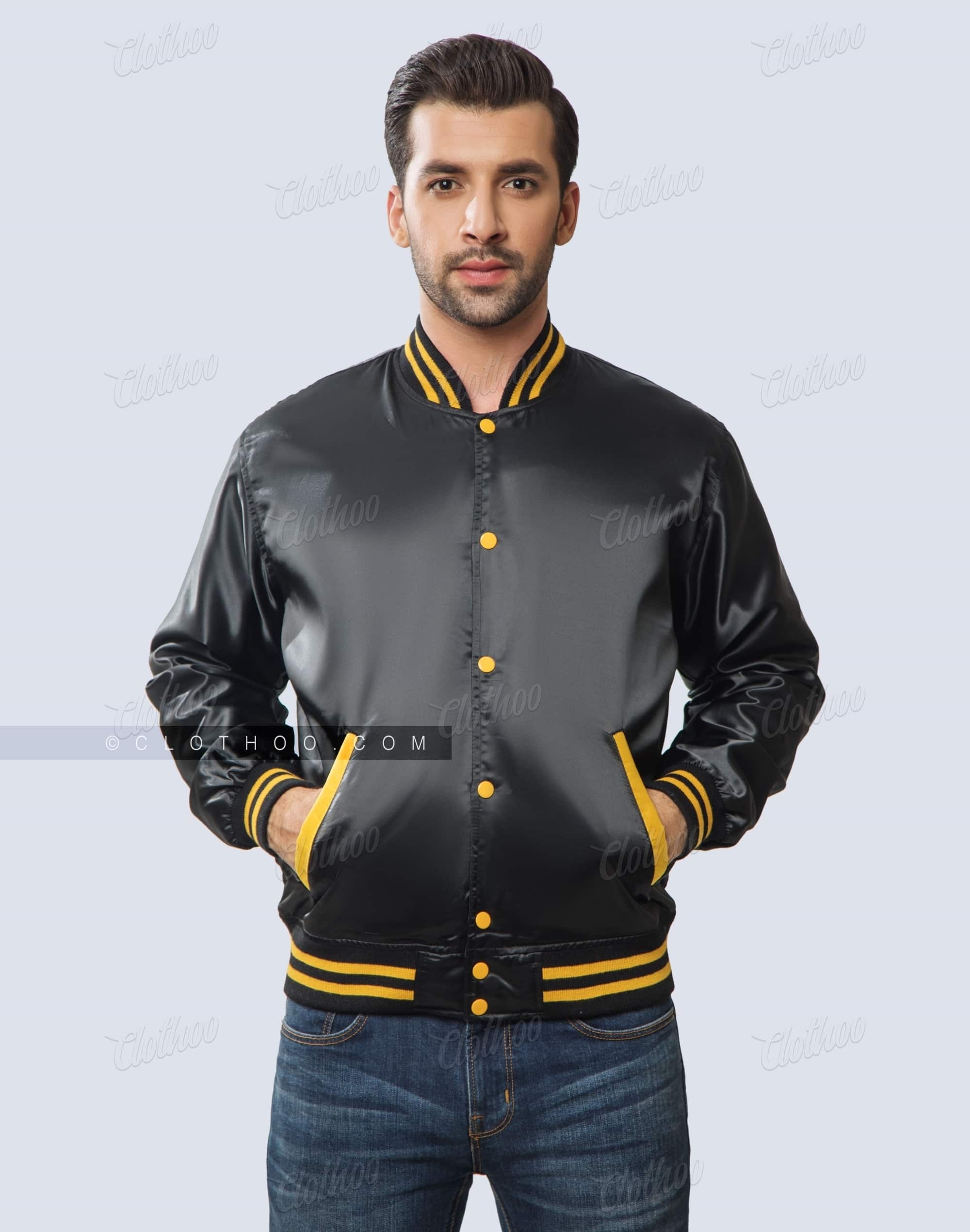 Baseball Style Black and Gold Satin Jacket | Clothoo