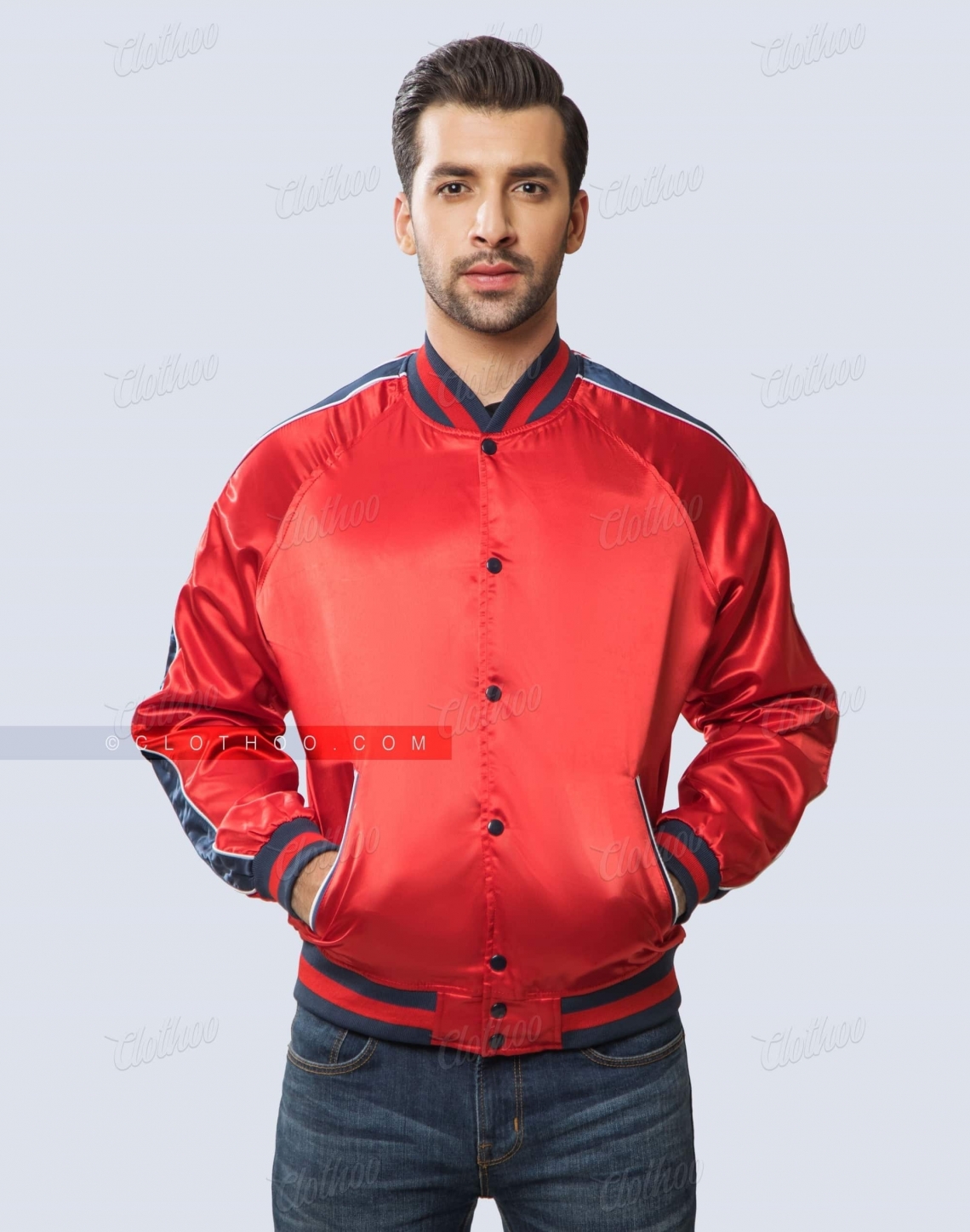 Sleeves Striped Satin Jacket Piping Letterman Style Front