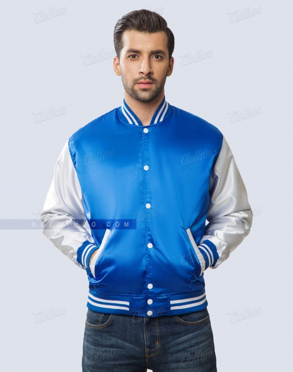 royal blue and white satin letterman jacket Front