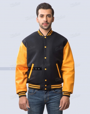 Black Wool and Gold Leather Sleeves Letterman Jacket Black Wool and Gold Leather Sleeves Letterman Jacket