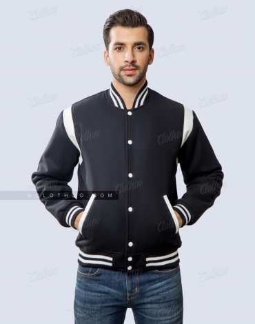 Black Wool Varsity Jacket with Shoulder Insert White