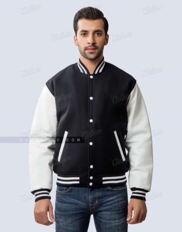Black Wool and White Leather Sleeves Letterman Jacket Black Wool and White Leather Sleeves Letterman Jacket